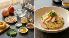 桃が主役の冷製カッペリーニ—レモン酢ドレッシングでさっぱり、暑い日の一皿