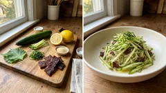 火を使わない副菜:プラントビーフジャーキーときゅうりのレモン青じそ和え