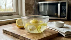 レモン水を3分チン→5分蒸らすだけ。電子レンジ庫内の汚れをラクに落とすスチーム掃除